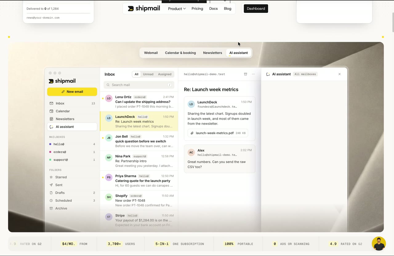 Shipmail email app landing page scrolls through animated sections JulienCoulaud द्वारा