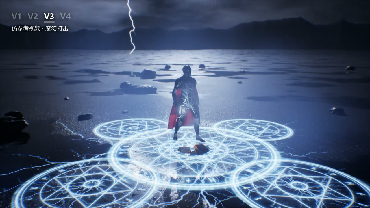 Caped hero summons lightning in four versions of an Unreal effect af OGKAIM