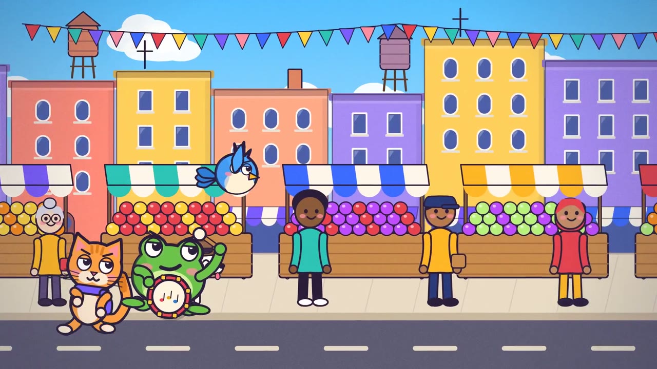 Cartoon frog, cat and bird form a street band in a flat city AronestyErik এর