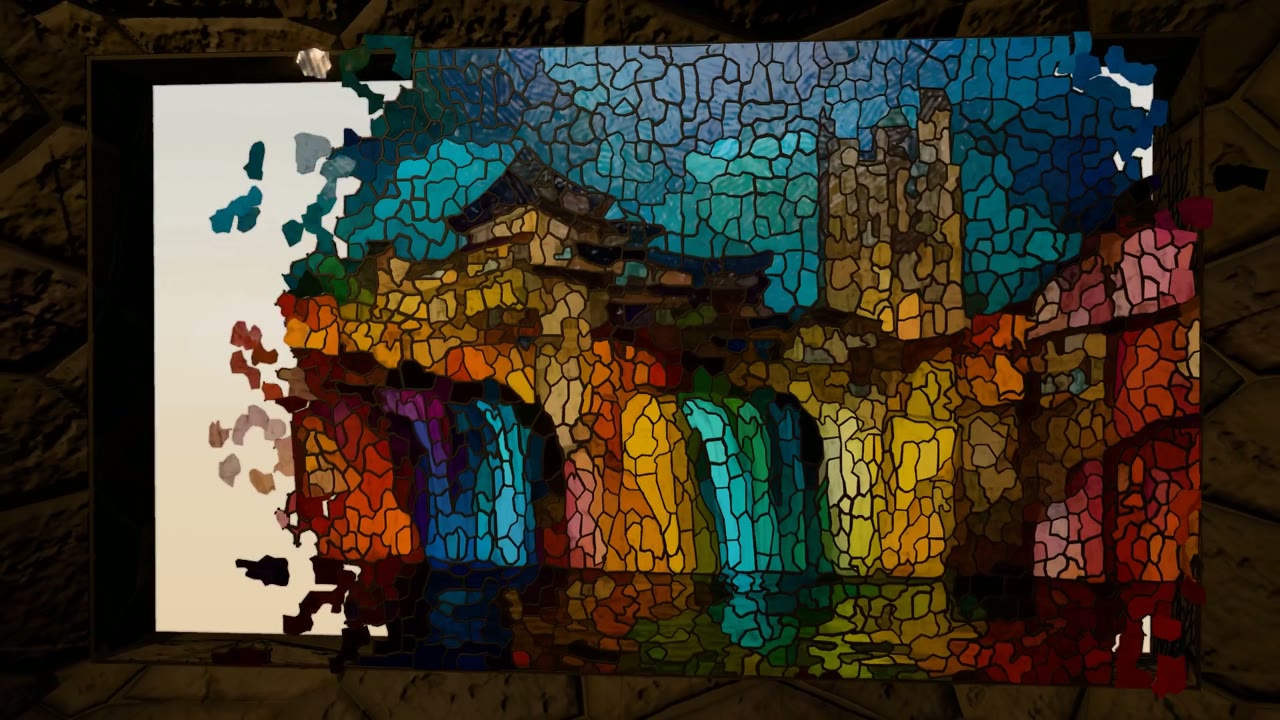 Stained-glass shards assemble into a glowing window in a stone wall af rws1st